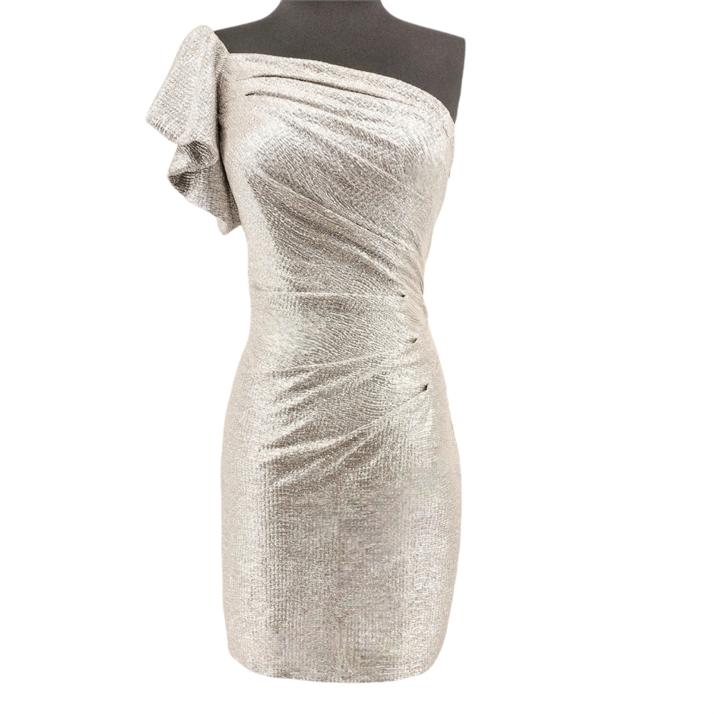 ASYMMETRICAL SILVER & GOLD MINI COCKTAIL/ PARTY DRESS    Sz XS
